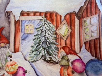 Julkort - tomten och stugan 