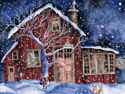 Julmålning 30*40 -röda huset och ensamma tomten 